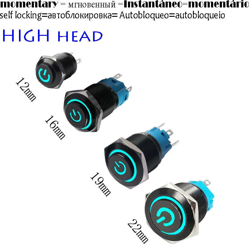 High Head 12/16/19/22mm Black Shell Car Dashboard Waterproof Metal Button Switch LED 12V/24V/220V Self-locking Fixed Momentary