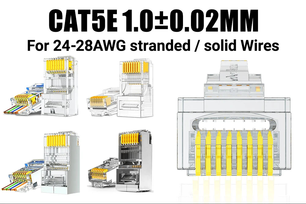 AMPCOM RJ45 Connector 50U Gold Plated CAT7 CAT6 CAT5E Pass through Modular Plug 8P8C Crimp End for Solid Wire Stanrded Ethernet