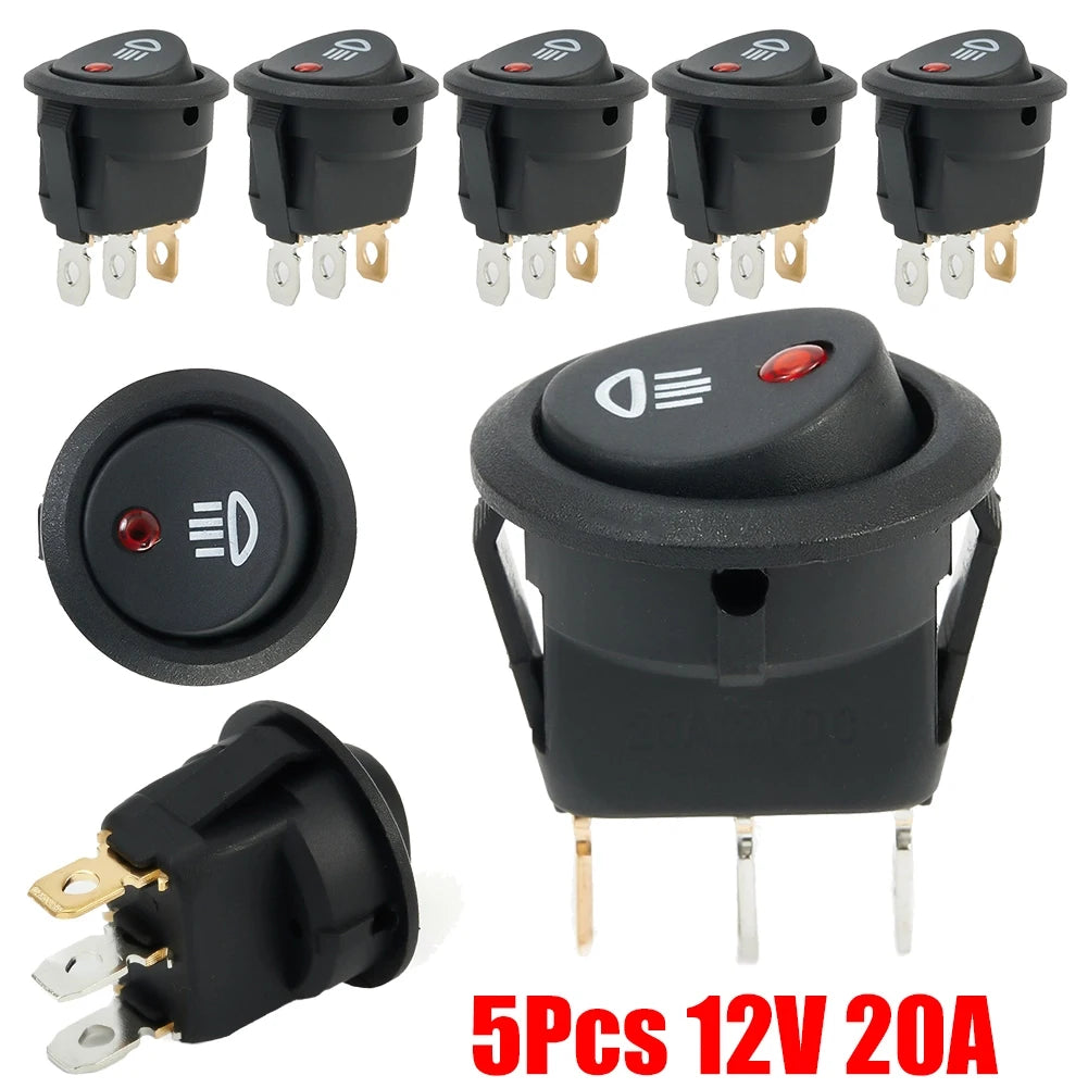 5Pcs Black On-OFF Rocker Switch Set Round DC 12V 20A Red Led Fog Light Lamp Symbol Car Van Truck Boat Rocker Switch