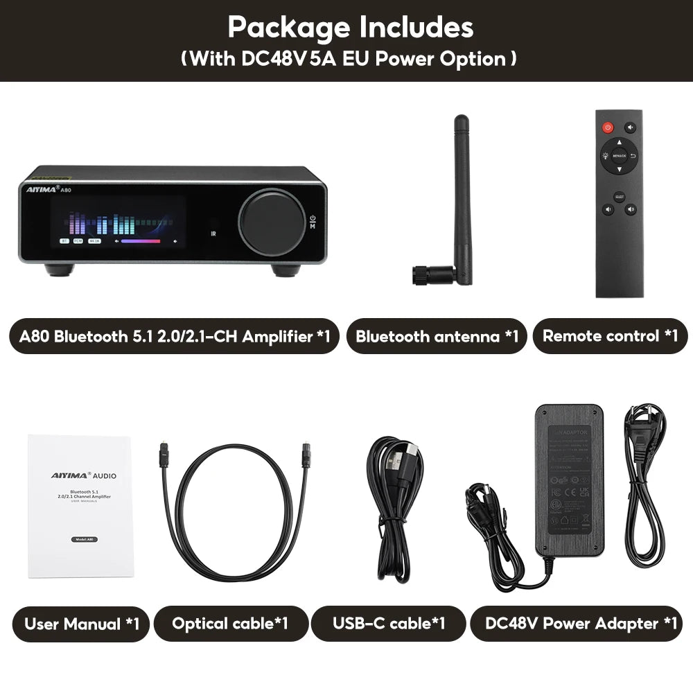 AIYIMA A80 Upgraded TPA3255 DAC Bluetooth PFFB Stereo Power Amplifier 300Wx2 Class D HiRes Digital Amp RCA TRS OPT COA USB Input