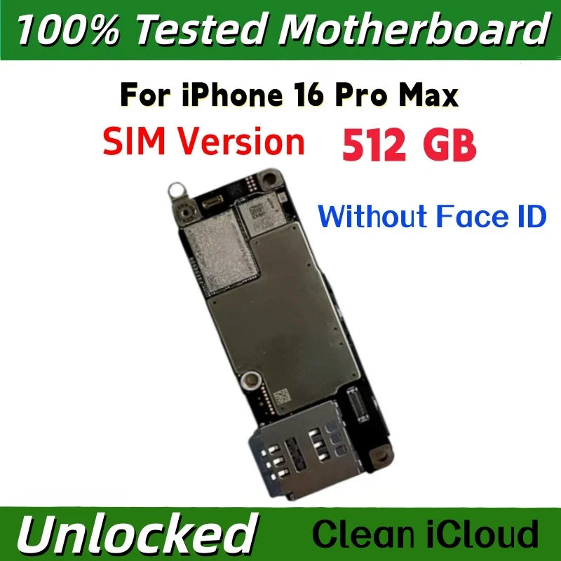 100% Unlocked Motherboard For iPhone 16 Pro Max With Face ID Support iOS Update Logic Board Clean ICloud Mainboard SIM Version