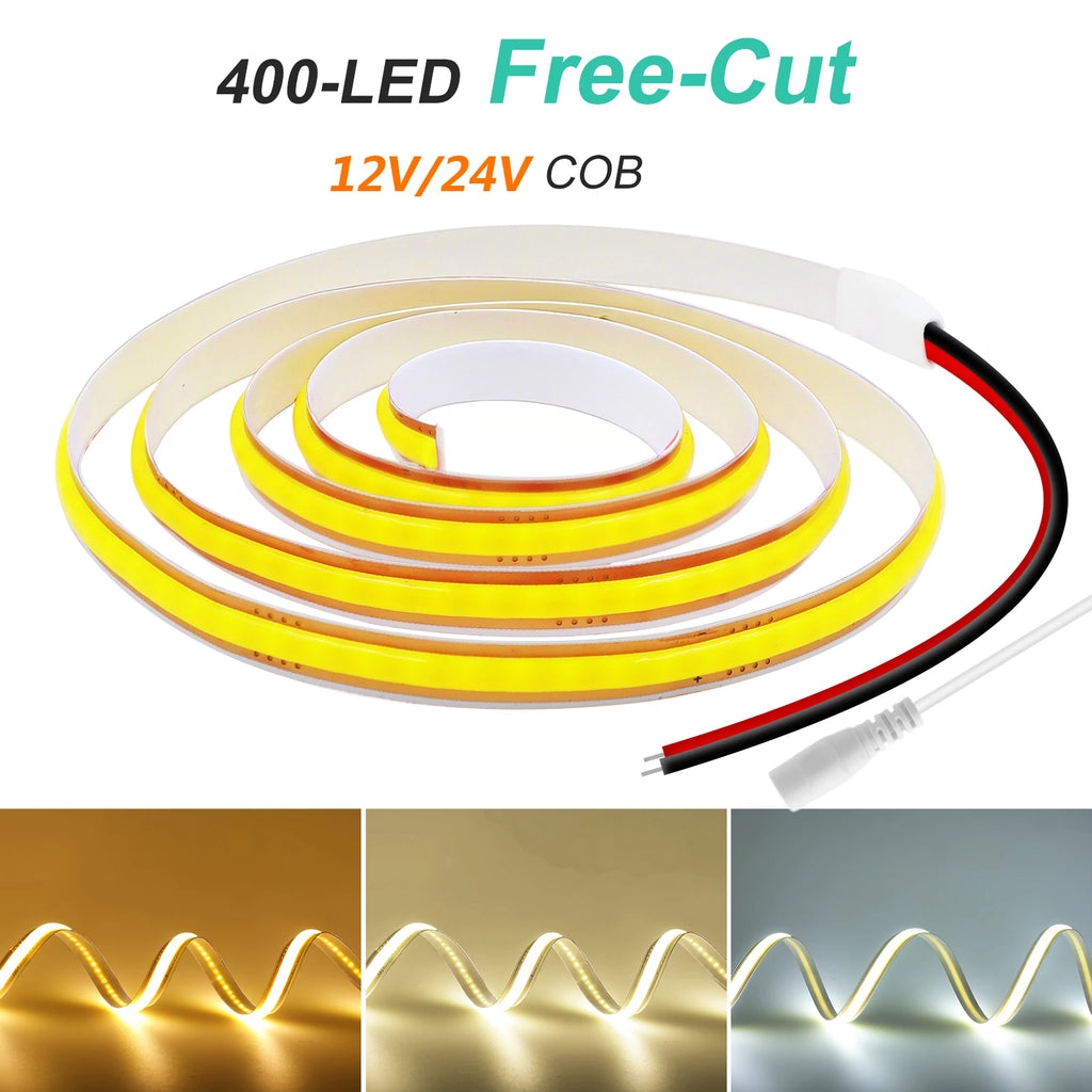 5mm 8mm PCB COB LED Light Strip Free Cut 12V 24V With 2PIN Wire DC Plug 400LEDs/m 3000k 4000k 6000k Flex Lamp 0.5m 1m 5m 10m 20m