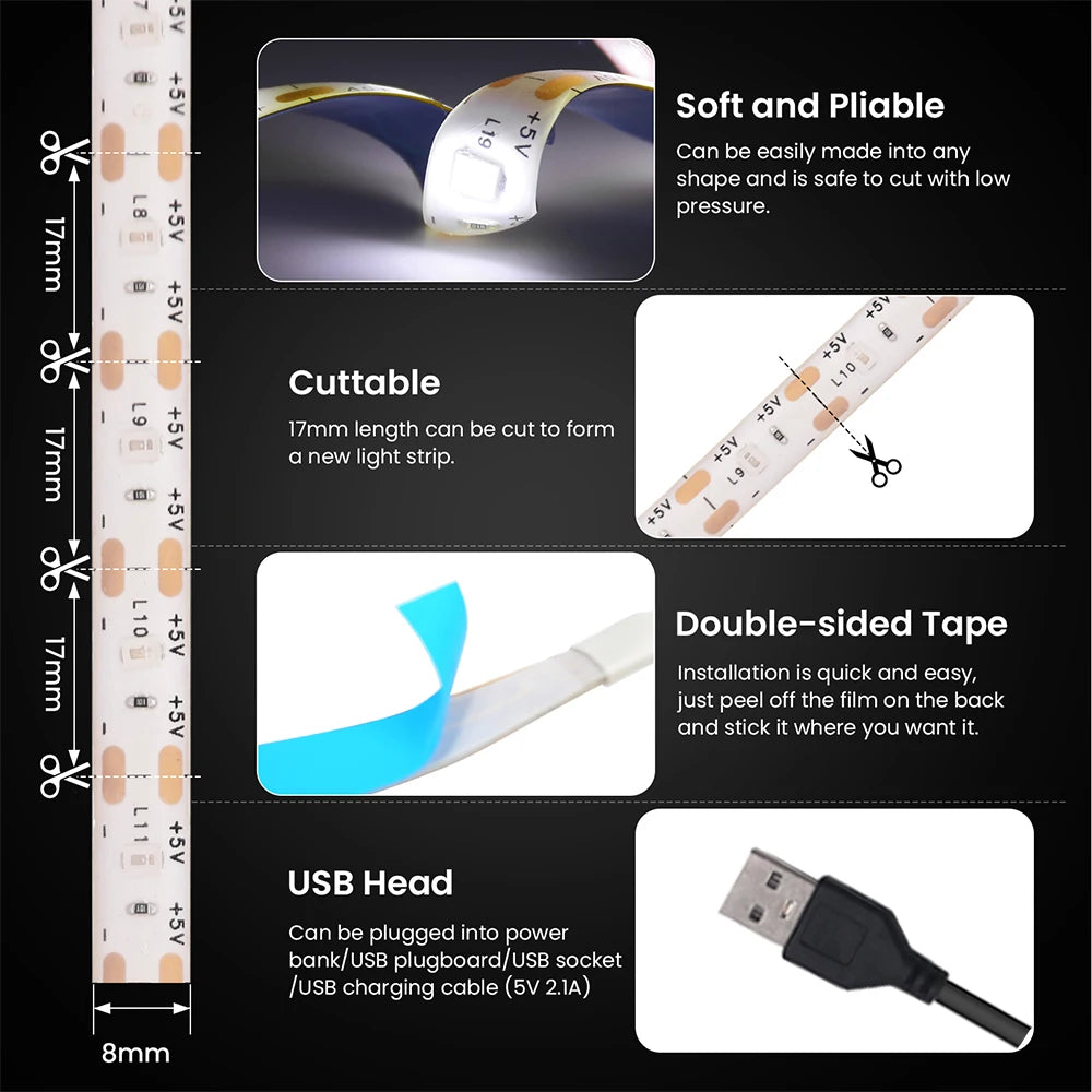 5V USB LED Strip Light 2835 Dimmable Touch Switch 60Led Backlight TV Flexible Tape Under Cabinet Light Night Lamp Warm White Red