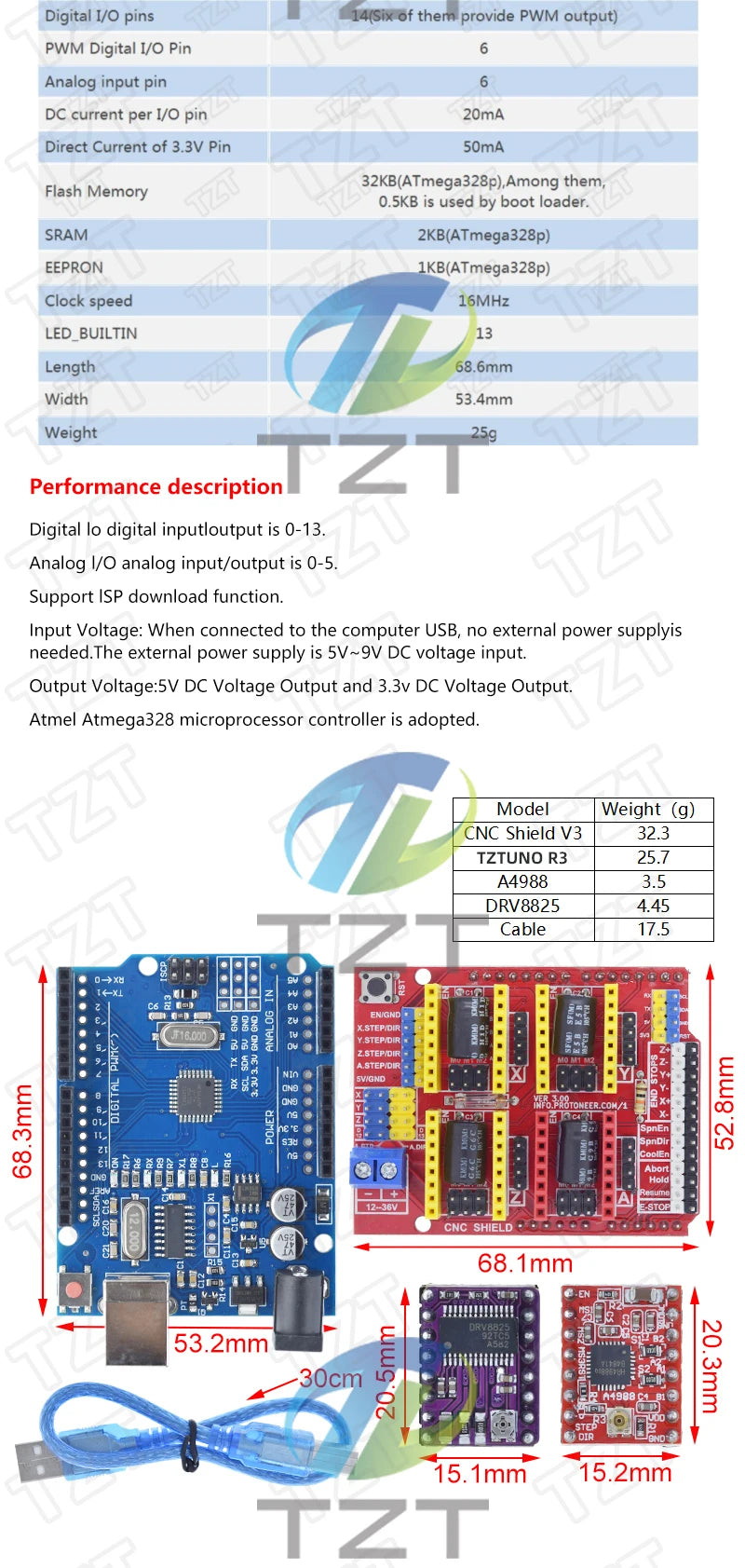 TZT CNC Shield V3 Engraving Machine 3D Printe+ 4pcs DRV8825 Or A4988 driver expansion board For arduino + UNOR3 with USB cable