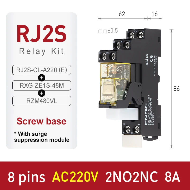 Thin-Flat Intermediate Relay 1NO1NC/2NO2NC 8A 24VDC | Compatible with  RJ1S-CL-D24 & RJ2S-CL-D24 | DIN Rail Relay for Contro