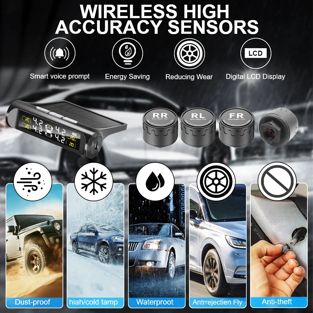 Tire Pressure Solar TPMS Car Tyre Pressure Monitoring System Solar Power Auto Security Alarm Systems Power External Sensor Auto Accessories Universal