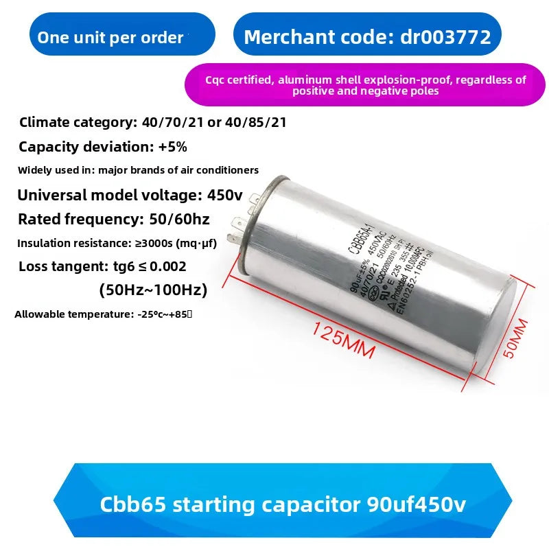 CBB65 AC Motor Capacitor Air Conditioner Compressor Start Capacitor 450VAC 5uF 20uF 25uF 30uF 35uF 40uF 45uF 50uF 60uF 70uF 5%