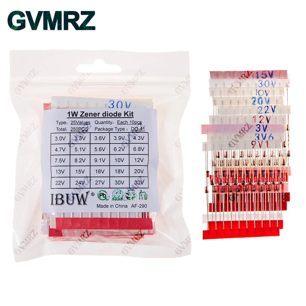 250PCS 25Values 1W Zener Diode Kit 3.0V-33V DO-41 for Voltage Regulation Electronic Projects