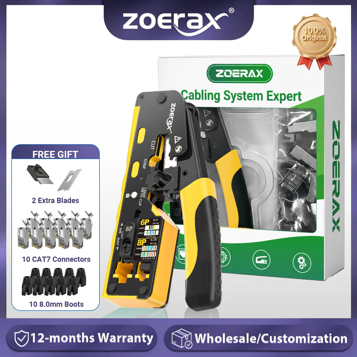 ZoeRax Pass Through RJ45 Crimp Tool with 10PCS Cat7 Connectors and Strain Relief Boots, Ethernet Wire Cutter Crimper
