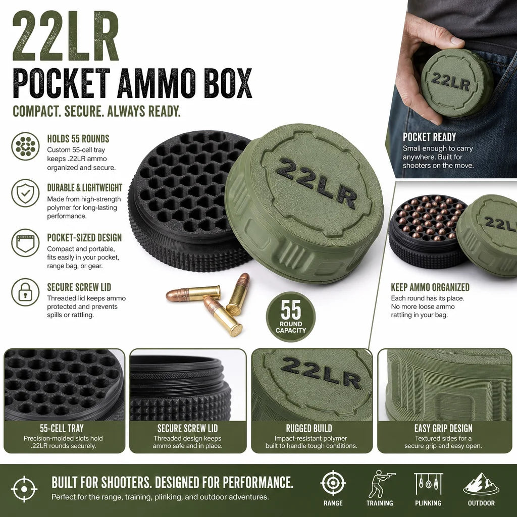 A compact storage case capable of holding 55 .22LR rounds—convenient for carrying to the shooting range.