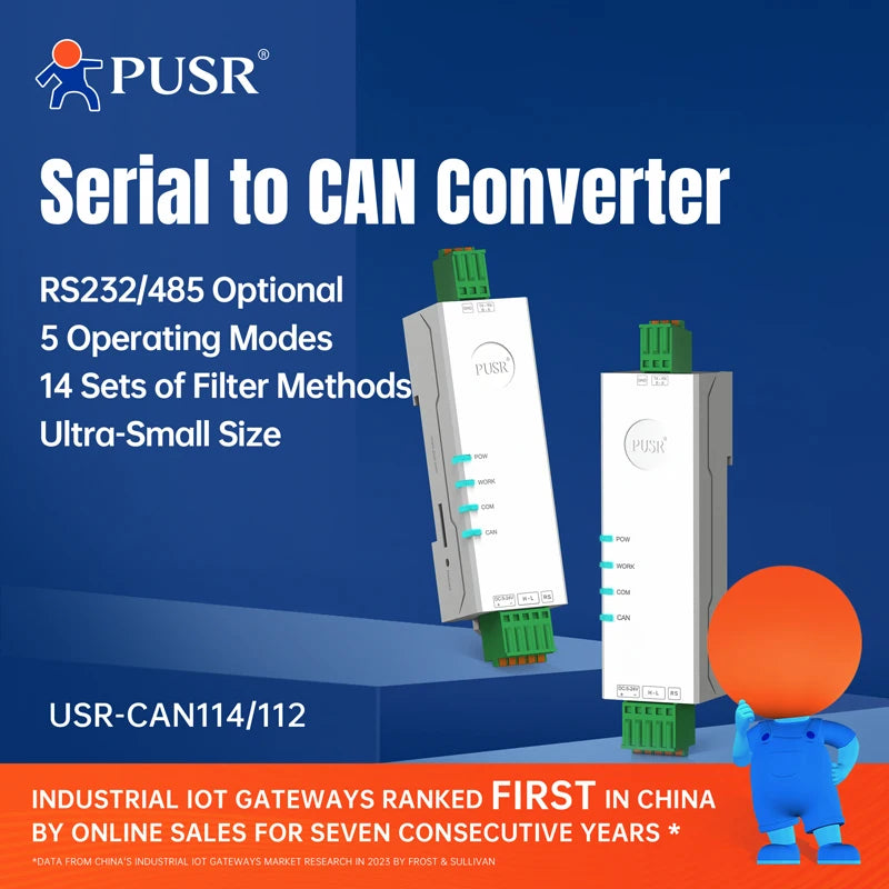 PUSR RS485 RS232 to CAN Bus Converter CAN to Ethernet  Bi-directional Communication Industrial CAN Gateway Modbus RTU USR-CAN114