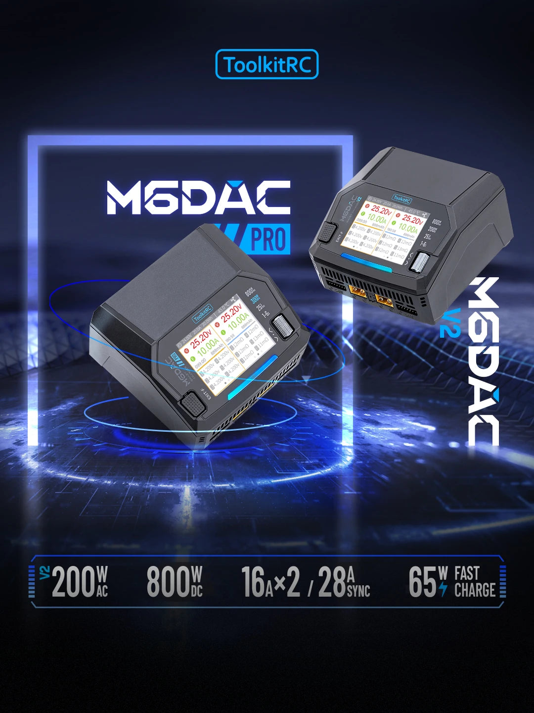 ToolkitRC M6DAC PRO V2 Dual Channel Smart Lipo Battery Charger Discharger AC 200W DC 800W 16A for 1-6S LiHV LiPo PD65W FPV Drone