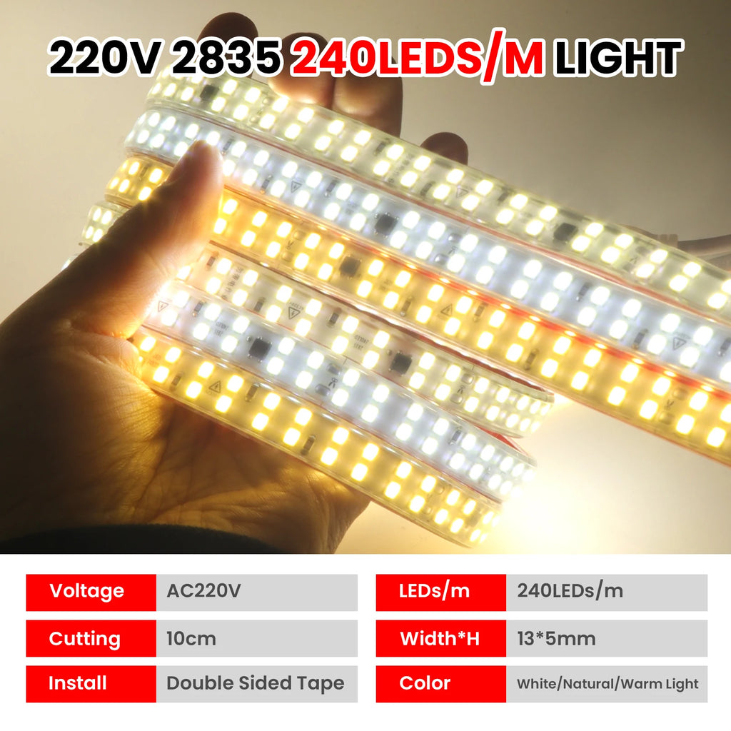 AC 220V LED Strip Waterproof 240Leds/M 3000K 4000K 6000K Home Decor Self Adhesive Tape Chain Light Flexible Ribbon Strip
