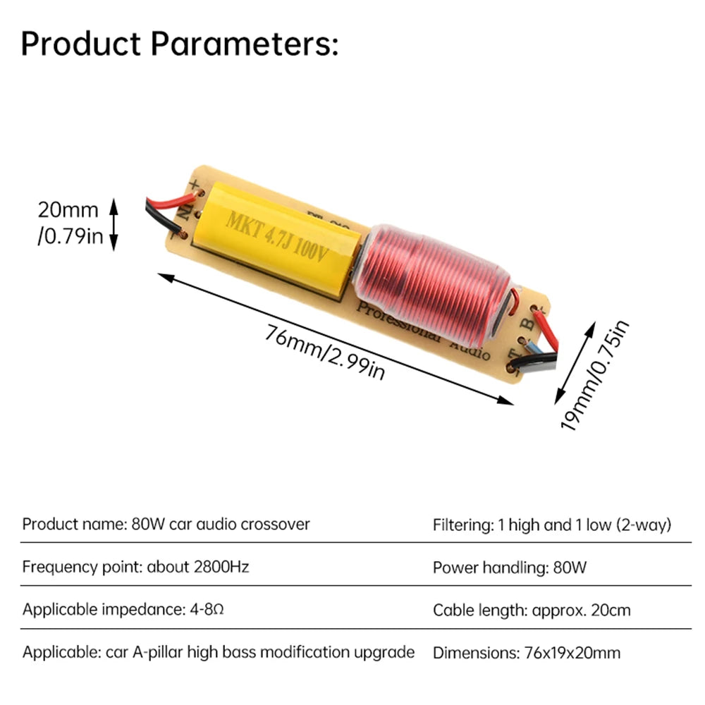 80W 2 Way Hi-Fi Audio Treble Bass Frequency Divider DIY Stereo Sound Speaker for Car A-pillar High-low Frequency Modification
