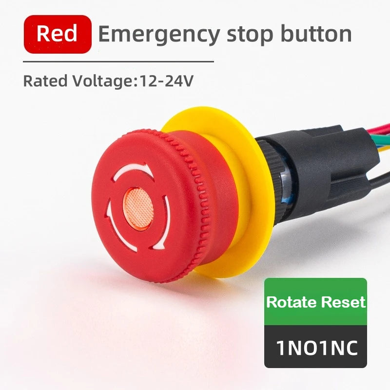 16MM Red Illuminated Rotary Emergency Stop Button Switch Wired with Light 1NO1NC Rotate Reset Welding Pin Knob Plastic Switches