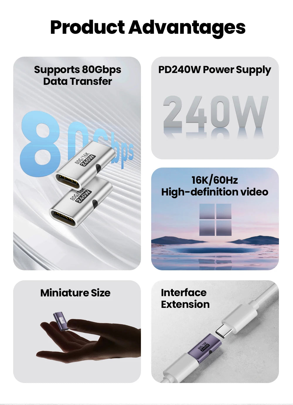 PD 240W Fast Charging Type C Adapter 80Gbps 16K@60Hz Type C Female To USB C Female Converter OTG For iPhone 15 16 Tablet Laptops