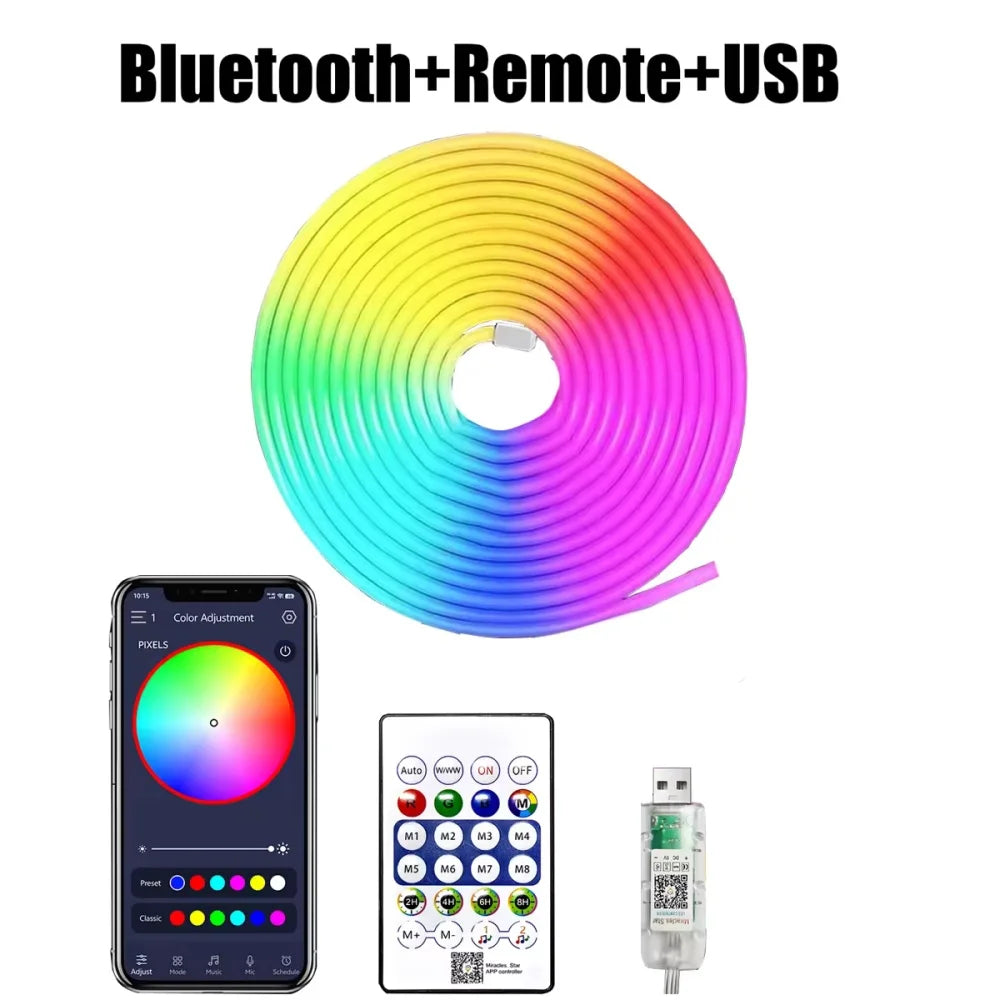 5V RGB+IC Neon Light Strip 15M USB Waterproof Flexible LED Light Strip Music Synchronization Bluetooth Remote Control DIY Home Decoration Changes Ambient light