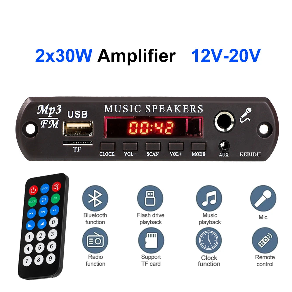 80W Bluetooth MP3 Decoder Board 2*40W Amplifier Audio Player 8V-24V DIY MP3 Player Car FM Radio Module TF/USB/Mic/Record Call