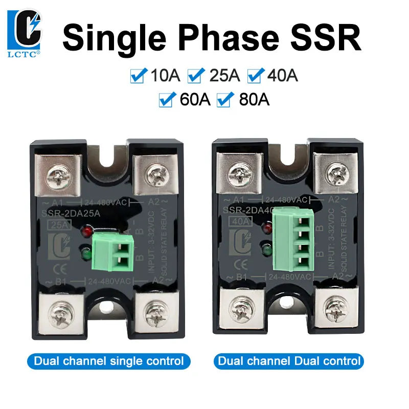 LCTC Solid State Relay SSR 10A 25A 40A DC To AC Single Phase Dual Channel Single Control Or Dual Channel Dual Contro 24-480VAC