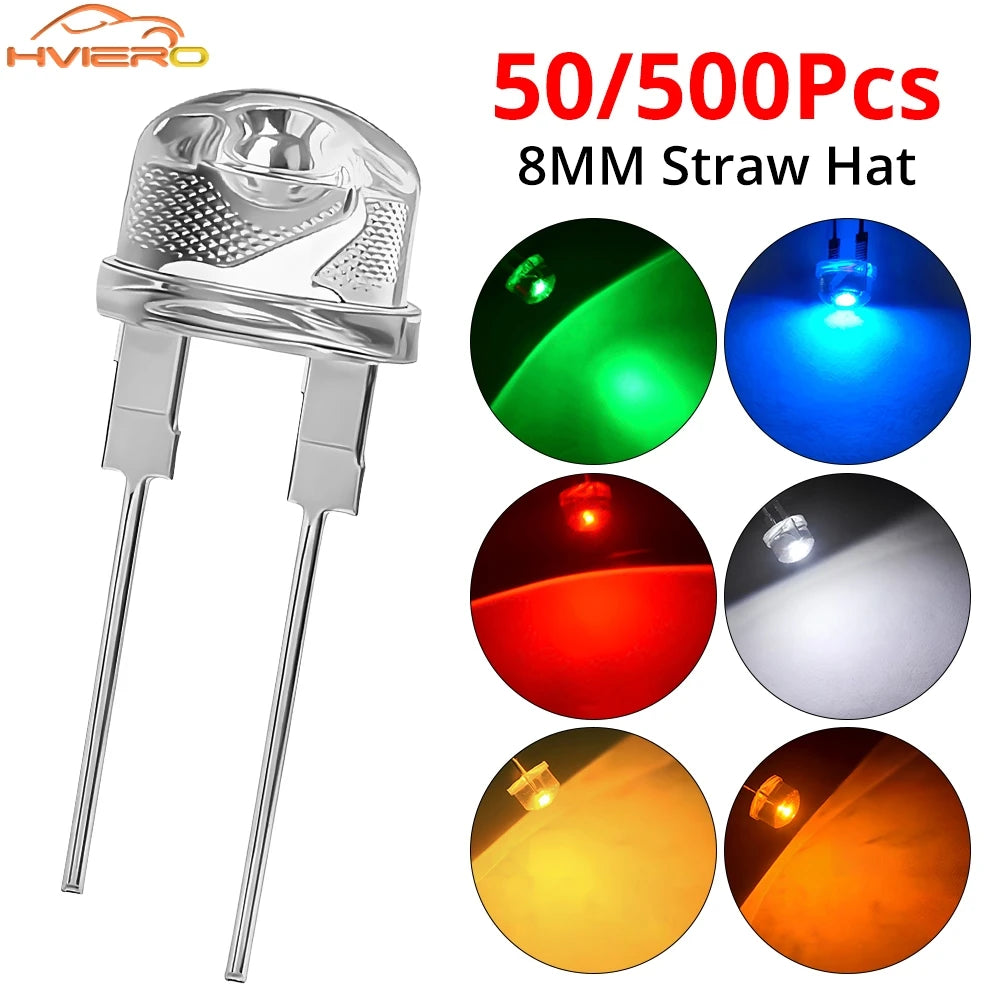 50/500PCS 8mm Straw Hat 0.5W White Warm Red Yellow Blue Green Emitting Diode LED Wide Angle Ultra Bright Bulbs Light Lamp Diodes