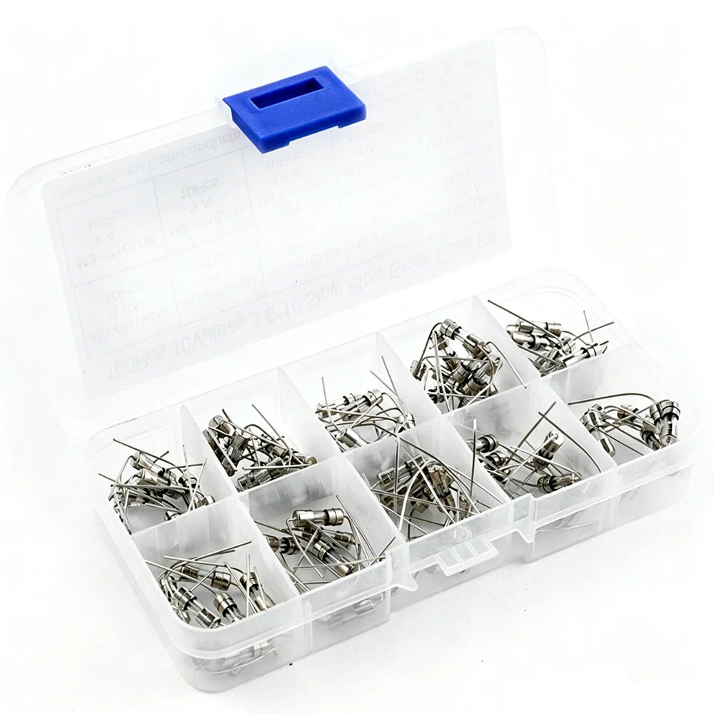 Axial Lead Glass Fuse Assortment Kit 100PCS 10 Sizes 3.6*10mm 0.5A 1A 2A 3A 5A 8A 10A 250V Slow Blow Fuse Tube For PCB Repair