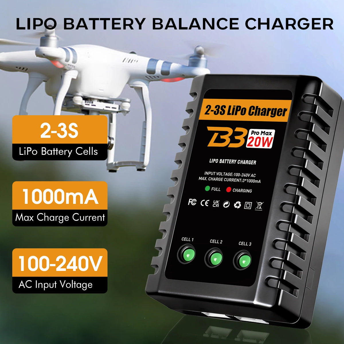 HTRC B3 2S-3S Lipo Battery Charger 110-220V AC LED 20W B3 Compact Charger Balance RC Charger