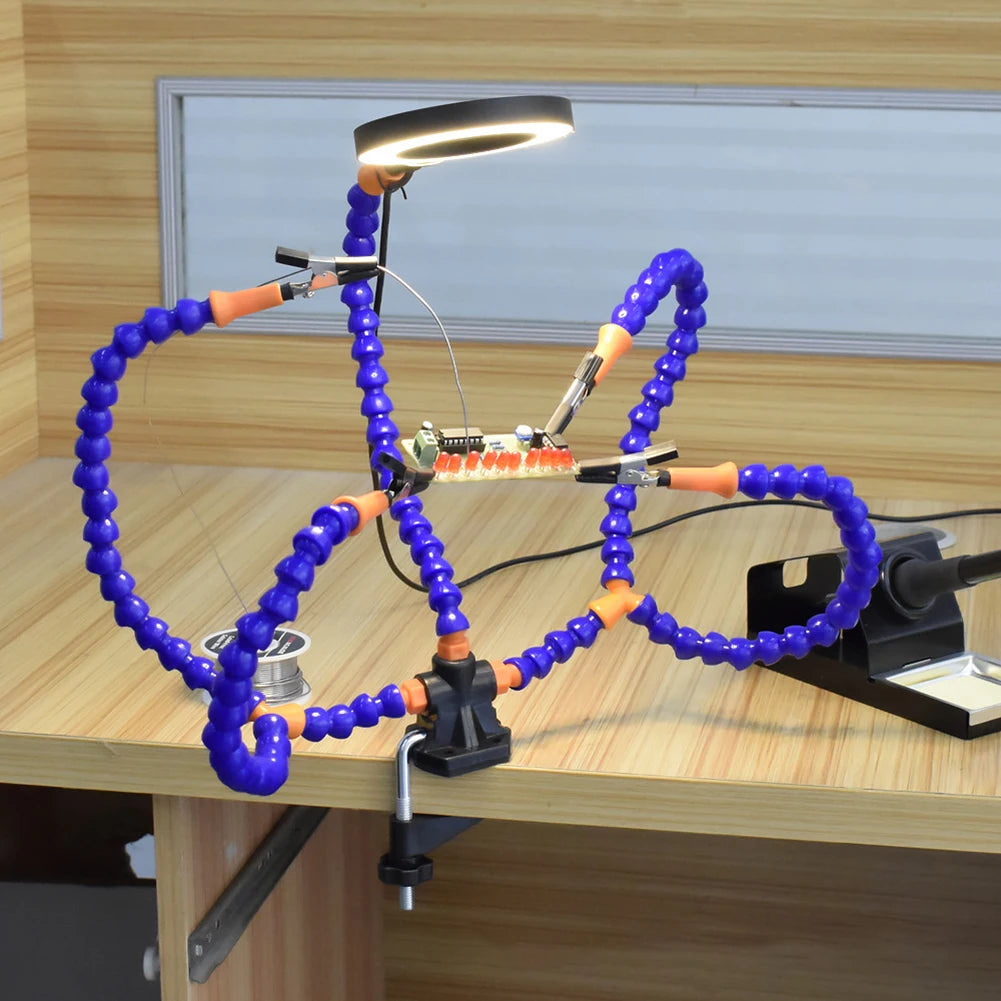 5Arm Welding Repair Tool Soldering Station with 3X Magnifier LED Light Bench Vise Table Clamp Clip PCB Holder Third Helping Hand
