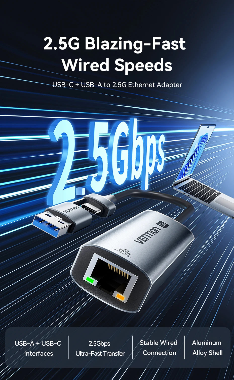 Vention USB A C 2.5G Ethernet Adapter USB 3.0 2500/1000 Mbps Network Card for MacBook iPad USB Lan RJ45 for PC Windows Laptop