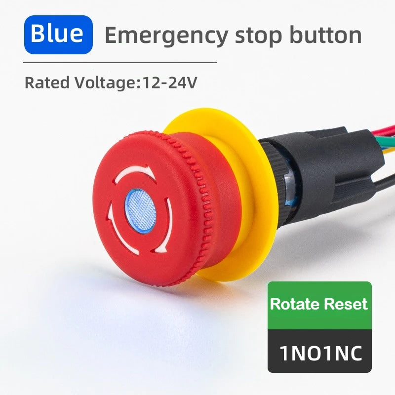 16MM Red Illuminated Rotary Emergency Stop Button Switch Wired with Light 1NO1NC Rotate Reset Welding Pin Knob Plastic Switches