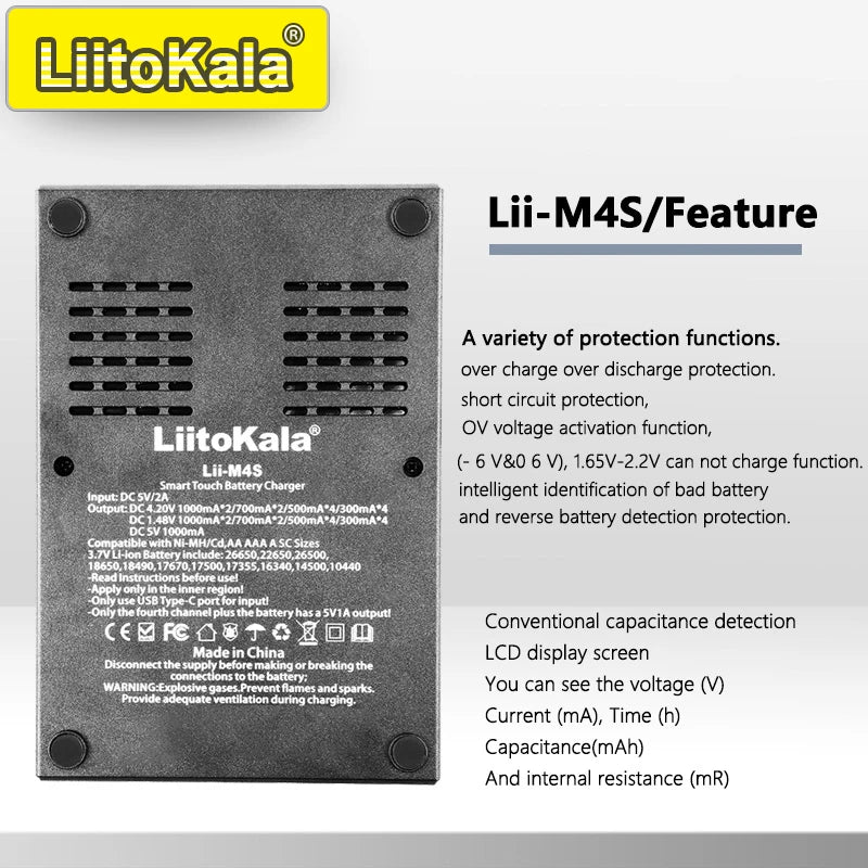 LiitoKala for 18650/26650/AA/AAA Li-ion/Ni-MH LCD Display Safe Fast Charging Lii-M4/M4S 4-Slot Smart Charger