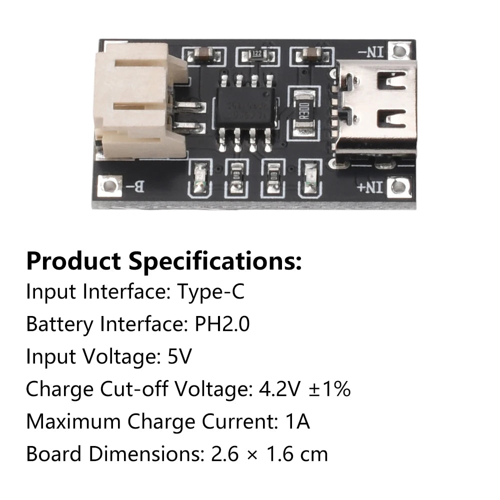 2PCS TP4056 3.7V Lithium Battery Charging Module 1A USB Type-C Port PH2.0 Terminal Overcurrent Protection Board