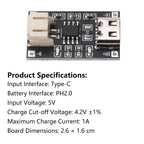 2PCS TP4056 3.7V Lithium Battery Charging Module 1A USB Type-C Port PH2.0 Terminal Overcurrent Protection Board