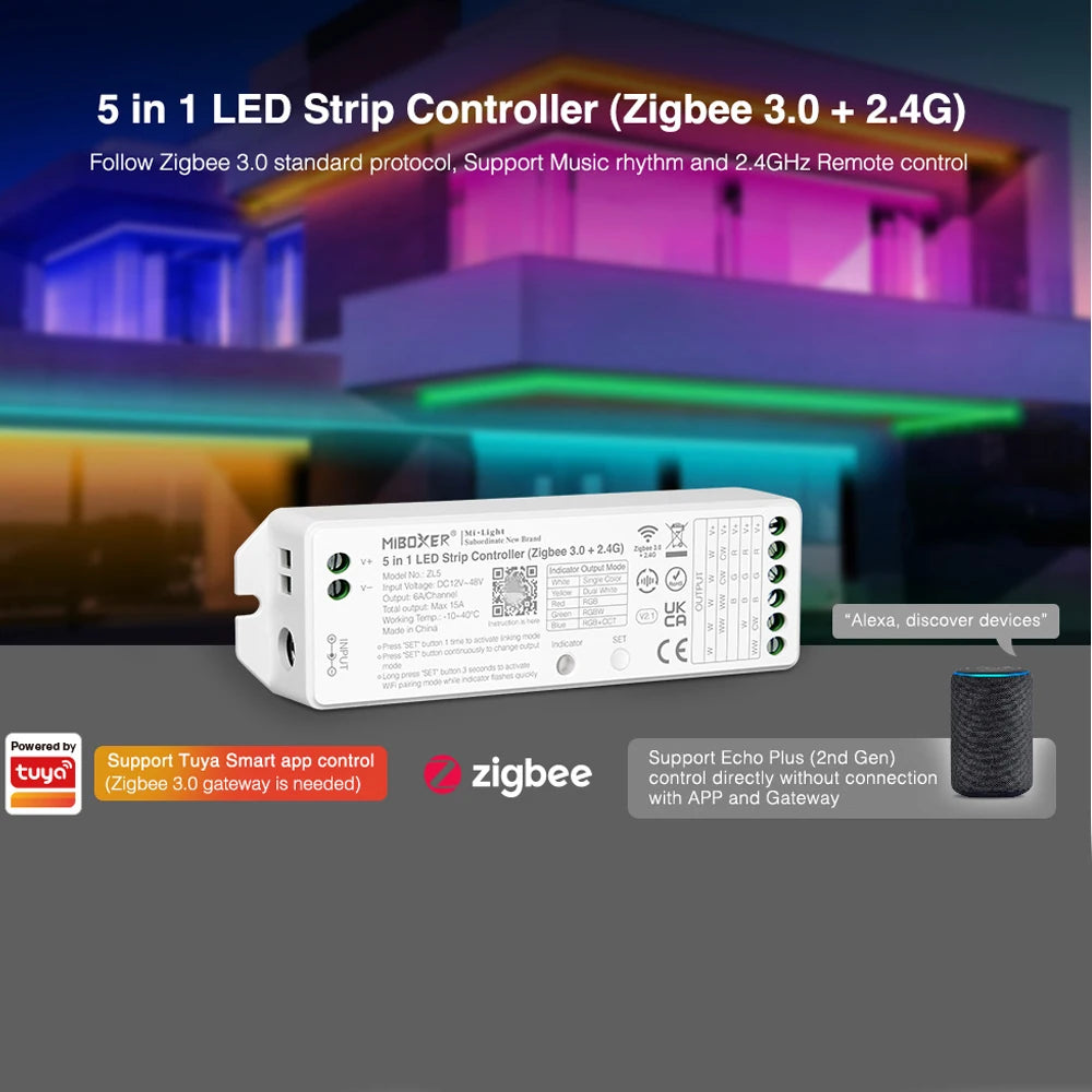 ZL5 FUT089Z Miboxer Zigbee 3.0+2.4G 5 in 1 LED Strip Controller For Single Color/Dual White/RGB/RGBW/RGB+CCT 2.4G Remote Control