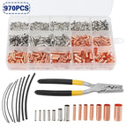 970pcs Copper Connecting Pipe Wire Joint Small Copper Tube Terminal Cable Lug Bootlace Ferrule Kit With Heat Shrink Tube Plier