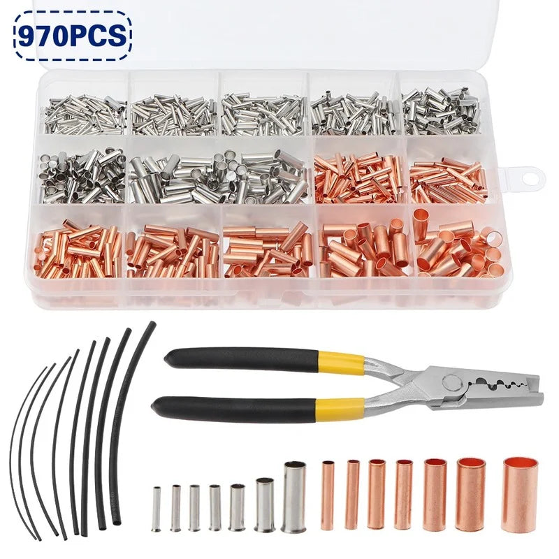 970pcs Copper Connecting Pipe Wire Joint Small Copper Tube Terminal Cable Lug Bootlace Ferrule Kit With Heat Shrink Tube Plier