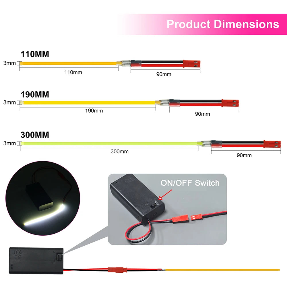 3V 110mm 190mm 300mm LED COB Filament Flexible Battery Lamp White Green Ice Blue Pink Retro Edison Bulb Parts LED Diode Decor