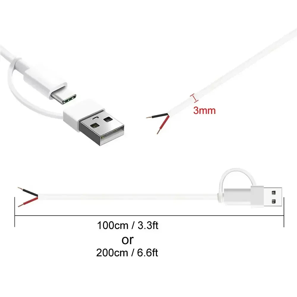 DIY USB C to 2 Pin Bare Wire Open End Power Cable, 5V USB Type C Male Plug 2 Pin Pigtail Cable, for Type C Replacement or Repair