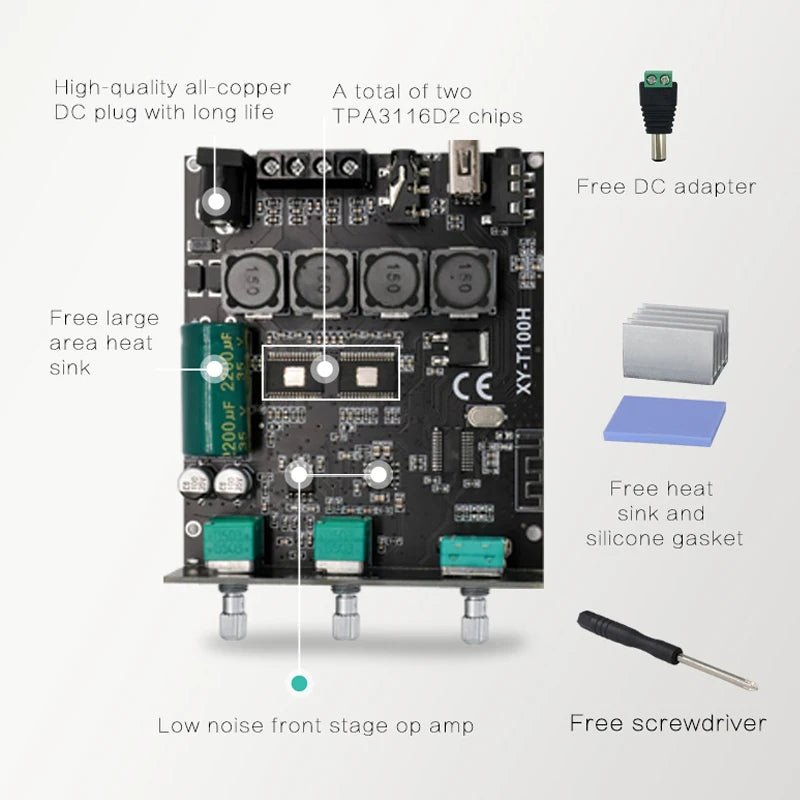 100W+100W TPA3116D2 Bluetooth 5.0 Power Subwoofer Audio Amplifier Board Home Theater HIFI Stereo Audio Amplifier AMP AUX