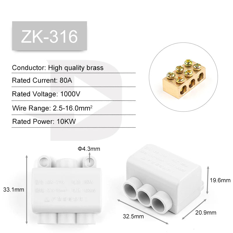 1PCS High Power Wire Connector Screw Wiring Terminal Block 1 in multiple out Cable Splicing 60A/400V 1-6mm2  80A/1000V 2.5-16mm2