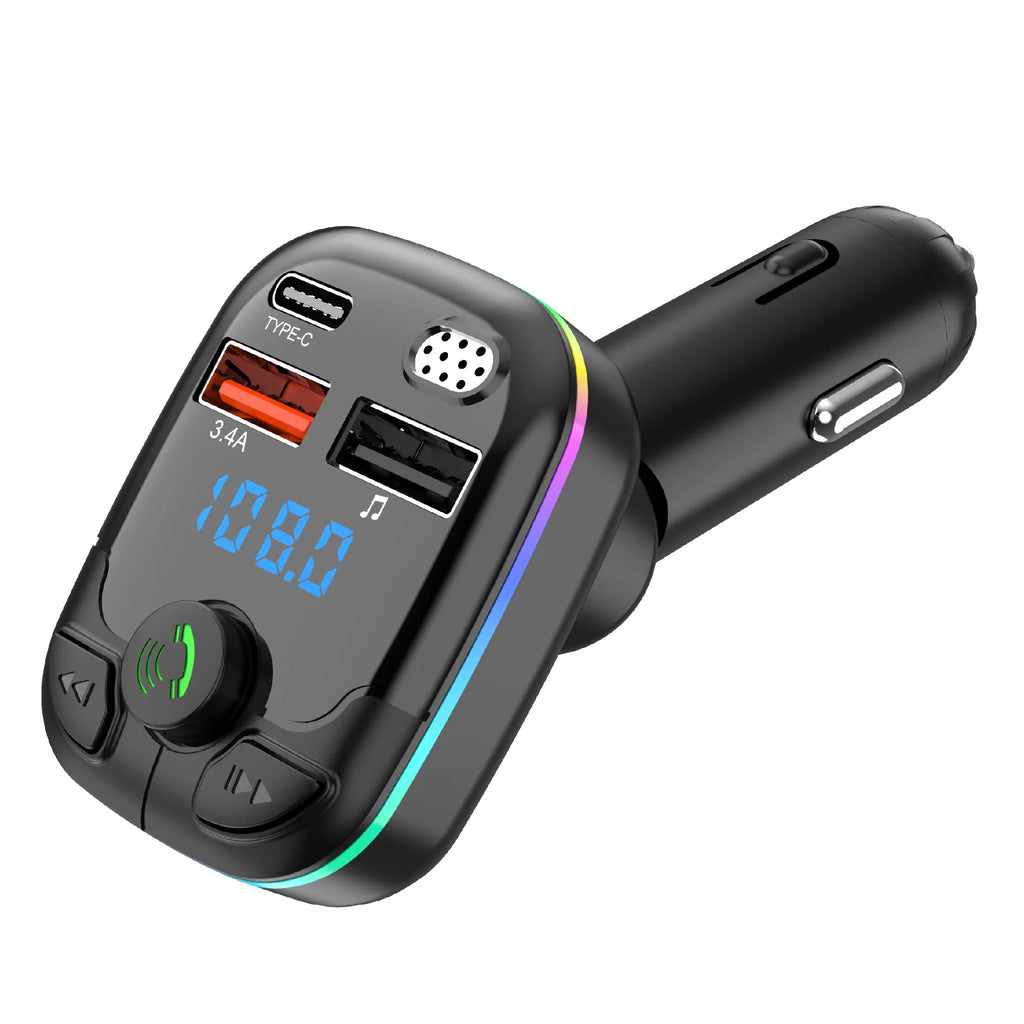 Car Bluetooth 5.0 FM Transmitter Type-C Dual USB Ambient Player Handsfree MP3 Type-C Wireless Light PD QC3.0 Car Charger Adapter