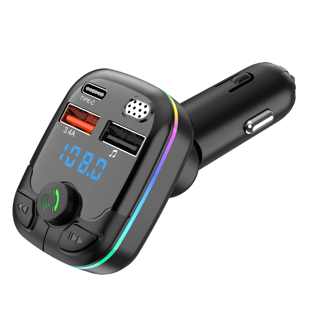 Car Bluetooth 5.0 FM Transmitter Type-C Dual USB Ambient Player Handsfree MP3 Type-C Wireless Light PD QC3.0 Car Charger Adapter