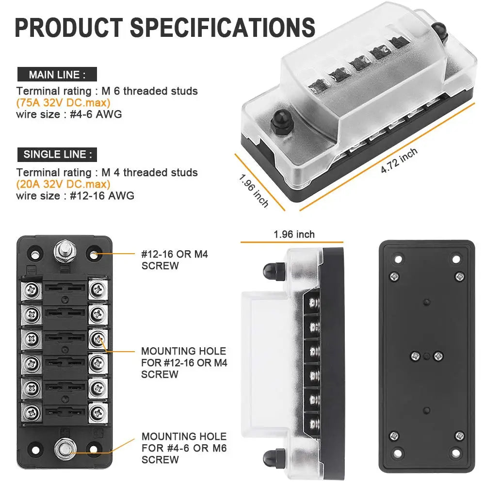 DaierTek 6 Way Fuse Block Blade Fuse Box with Negative Bus 6 Circuit Fuse Holder Fuse Block W/Negative Bus For 12V 24V Auto