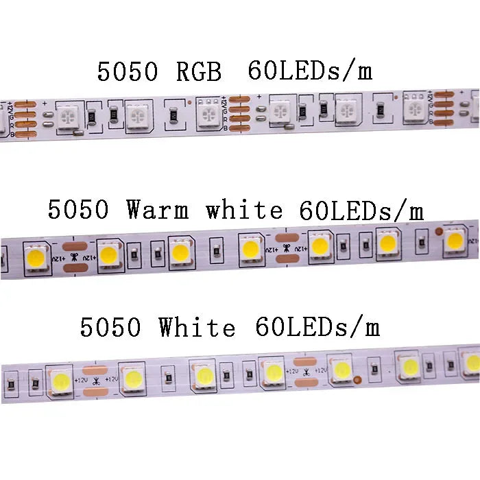SMD 5050 LED Strip 5M 60led/m DC 12V 24V Flexible Ribbon Diode Tape 4000K NW RGB White Warm White Red Green Blue Yellow Light