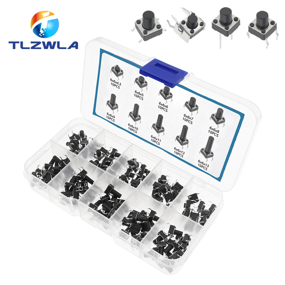 10 Models 6*6 Tact Switch Tactile Push Button Switch Kit Height: 4.3 5~13MM DIP 2P/4P Micro Switch 6x6 Key Switch