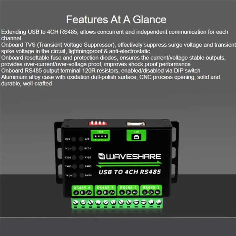 Waveshare USB To 4Ch RS485 Converter Multi Protection Circuits Industrial Grade Universal Serial Communication Device