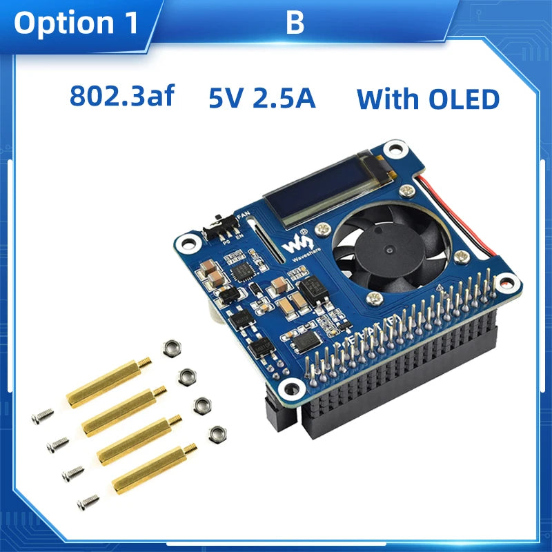 Raspberry Pi PoE HAT 802.3af Power Over Ethernet GPIO Expansion Board with Cooling Fan Optional CPU OLED for Pi 3B+ 4B