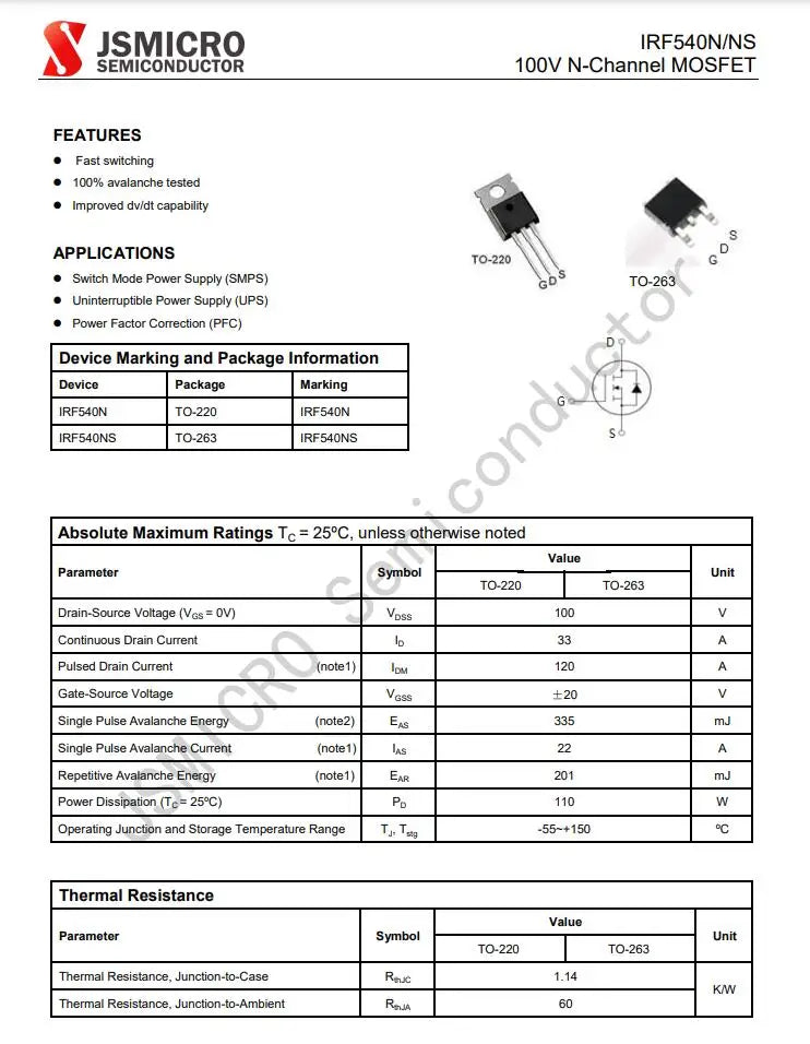 IRF540 IRF540NS IRF540NSTRPBF IRF540S TO-263 30A 100V 33A N-Channel Mosfet Transistor For Power Supply