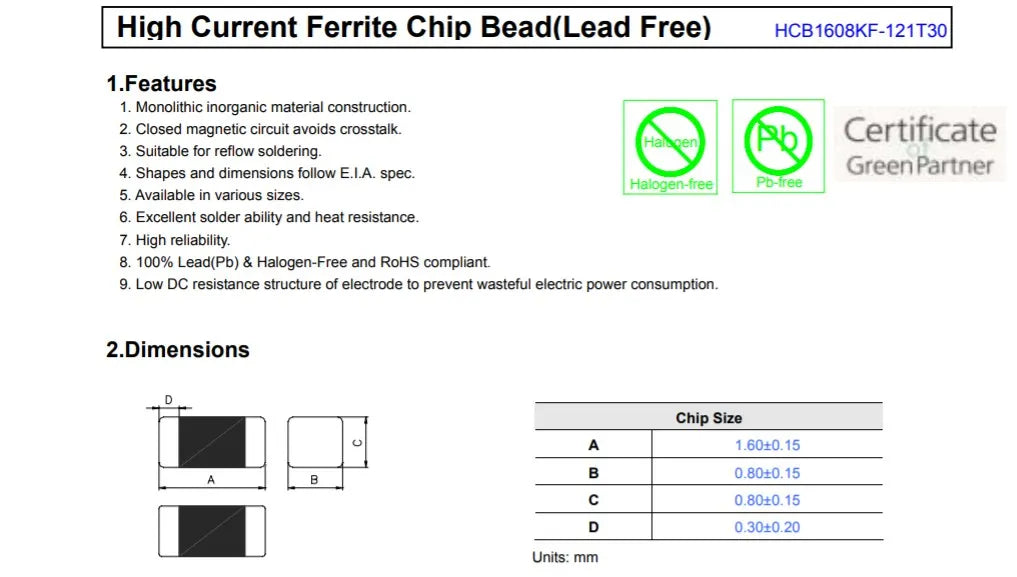 Original New 100% HCB1608KF-121T30 0603 120R 3A High Current Bead Ferrite Bead Inductor