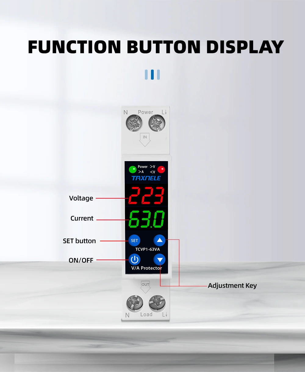 18MM 1P+N 63A 230V Dual Display Adjustable Digital Over Under Voltage Relay Surge Protector Limit Over Current Protection
