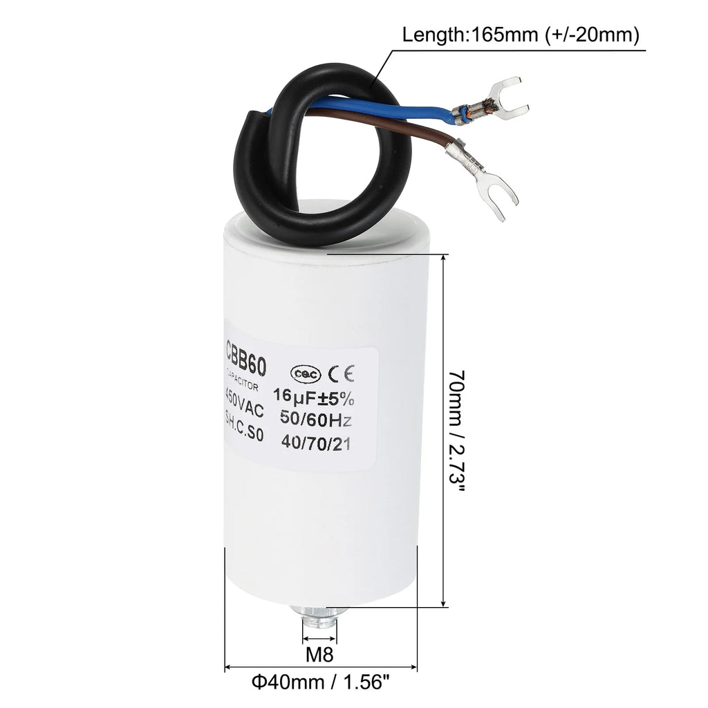 5-22uf CBB60 Run Capacitor AC 450V U Terminal Wires 50/60Hz Cylinder Bottom with M8 Screw for Washing Machine Pump Motor Star